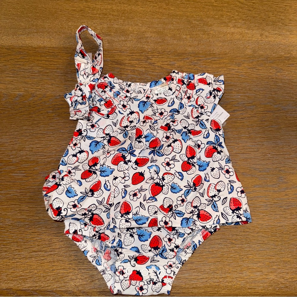 Carter's Red and Blue Strawberry Floral Bubble Romper with Matching Headband.